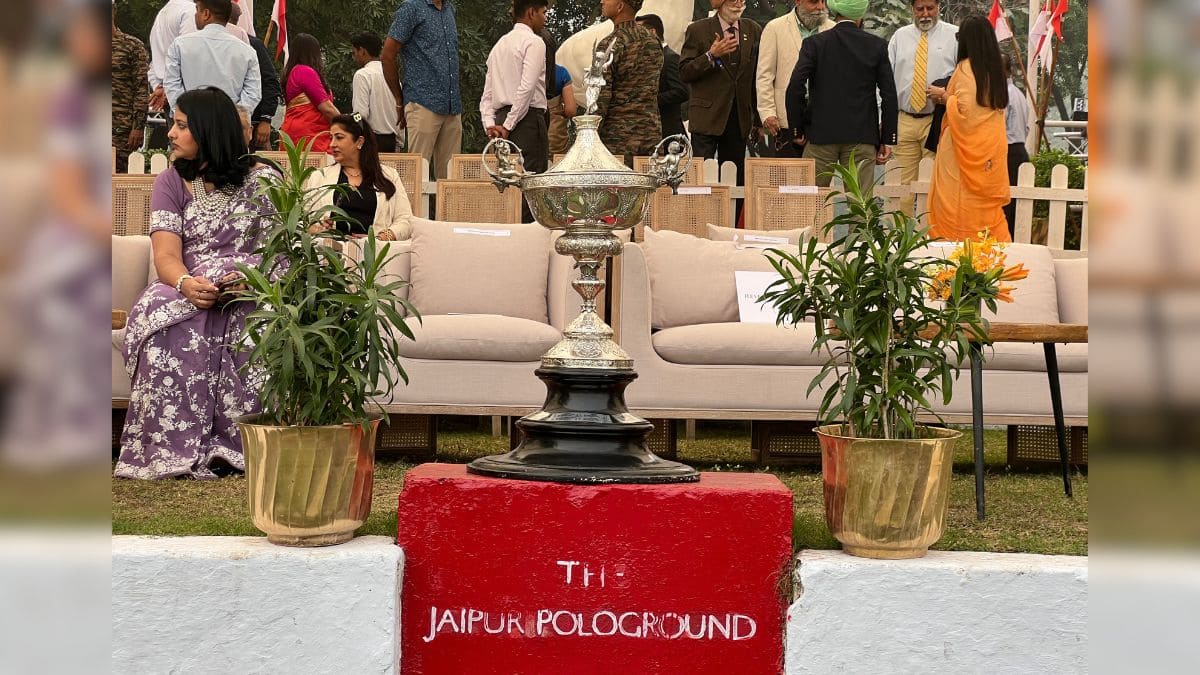 The trophy for the Sir Pratap Singh Polo Cup is displayed during the final at the Jaipur Polo Ground in New Delhi, November 17, 2024. Anmol Singla/Firstpost