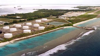 Fuel tanks at the edge of a miltary airstrip on Diego Garcia, largest island in the Chagos archipelago. CLH/File Photo/Reuters 