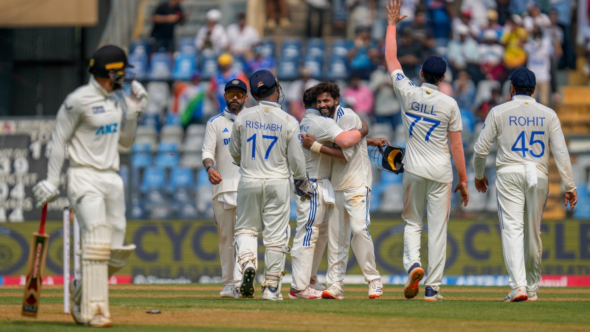 Indian left-arm spinner Ravindra Jadeja celebrates with teammates after dismissing New Zealand wicketkeeper-batter Tom Blundell. AP Indian left-arm spinner Ravindra Jadeja celebrates with teammates after dismissing New Zealand wicketkeeper-batter Tom Blundell. AP
