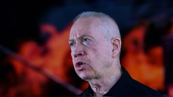 (File) Former Israeli Defence Minister Yoav Gallant speaks during a memorial ceremony of the Hamas attack on October 7 last year that sparked the ongoing war in Gaza, at the Mount Herzl military cemetery in Jerusalem on October 27, 2024. AP