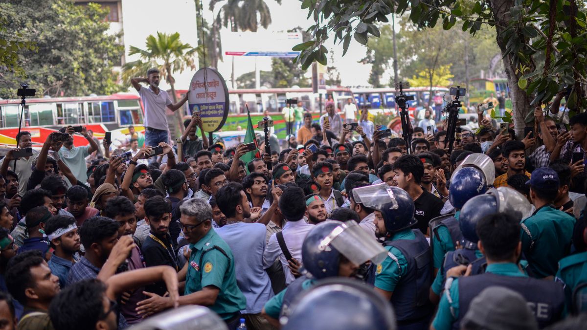 Policemen try to stop Bangladesh Nationalist Party activists marching near prime minister Sheikh Hassan's Awami League party office in Dhaka, Bangladesh, Sunday, Nov. 10, 2024. Image- AP Policemen try to stop Bangladesh Nationalist Party activists marching near prime minister Sheikh Hassan's Awami League party office in Dhaka, Bangladesh, Sunday, Nov. 10, 2024. Image- AP