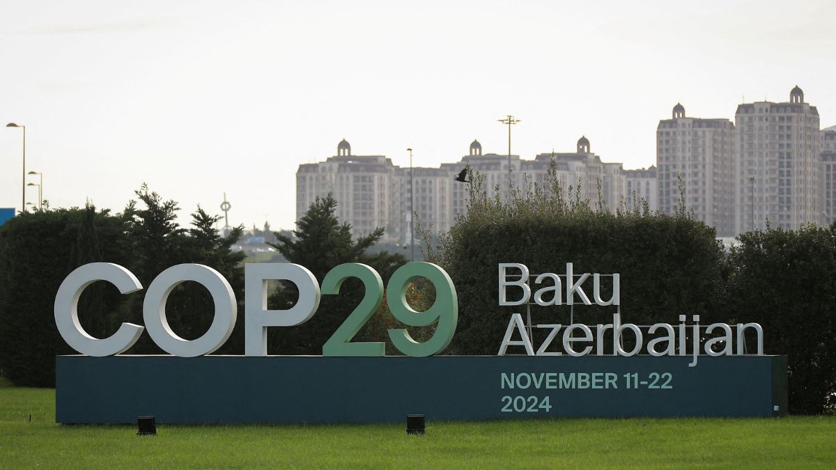 A view shows a sign of the COP29 United Nations Climate Change Conference with a backdrop of the cityscape in Baku, Azerbaijan October 31, 2024. Image- Reuters A view shows a sign of the COP29 United Nations Climate Change Conference with a backdrop of the cityscape in Baku, Azerbaijan October 31, 2024. Image- Reuters