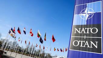 Flags flutter as the NATO foreign ministers' meeting takes place at the Alliance's headquarters in Brussels, Belgium April 4, 2023. Image- Reuters