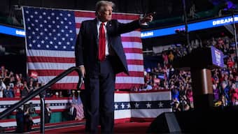 Republican presidential nominee former President Donald Trump gestures at a campaign rally at First Horizon Coliseum, Saturday, Nov. 2, 2024, in Greensboro, N.C. Image- AP