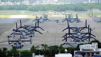 FILE - U.S. MV-22 Osprey transport aircraft are parked at the U.S. Marine Corps Air Station Futenma in Ginowan, south of Okinawa, southern Japan, Sept. 6, 2023. - AP