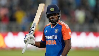 Sanju Samson smashed seven fours and 10 sixes during his knock of 107 off 50 balls in the first T20I against South Africa. AP