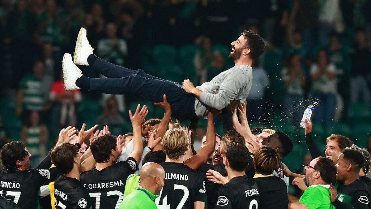 Sporting CP coach Ruben Amorim and players celebrate after beating Manchester City. Reuters image
Sporting CP coach Ruben Amorim and players celebrate after beating Manchester City. Reuters image
