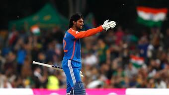 Tilak Varma celebrates after completing his maiden international hundred during the third T20I between South Africa and India in Centurion. Image credit: BCCI