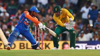 India's Tilak Varma smashed eight fours and seven sixes during the third T20I against South Africa in Centurion. Reuters