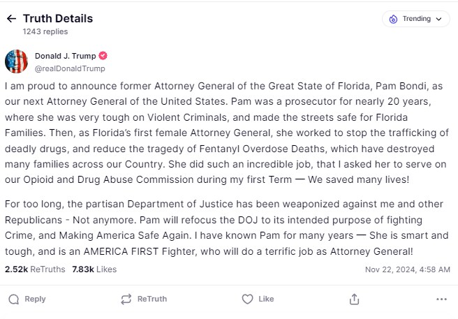 Trump names Pam Bondi as the new Attorney General 