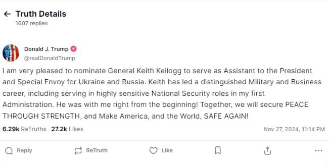 Trump appoints Kellogg to deal with Russia-Ukraine war
