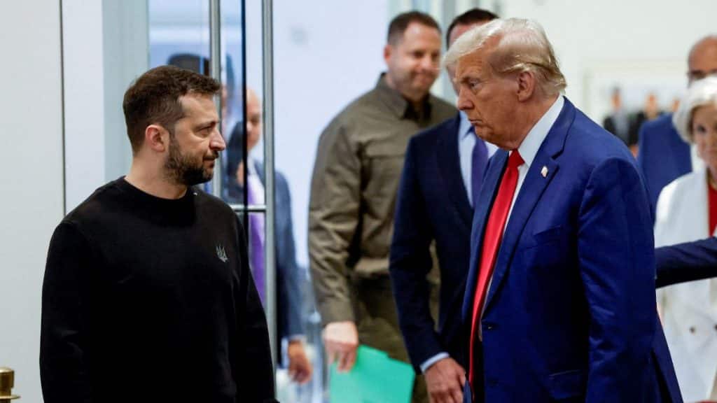 Republican presidential nominee and former US President Donald Trump and Ukraine's President Volodymyr Zelenskyy meet at Trump Tower in New York City, US, September 27, 2024. File Image/Reuters