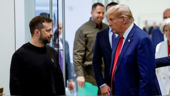 Republican presidential nominee and former US President Donald Trump and Ukraine's President Volodymyr Zelenskyy meet at Trump Tower in New York City, US, September 27, 2024. File Image/Reuters