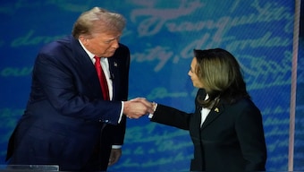 Republican presidential nominee former President Donald Trump and Democratic presidential nominee Vice President Kamala Harris shake hands before the start of an ABC News presidential debate at the National Constitution Center, on September 10, 2024, in Philadelphia. AP File