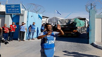 Aid trucks arrive at a UN storage facility in the central Gaza Strip October 21, 2023. Reuters File 