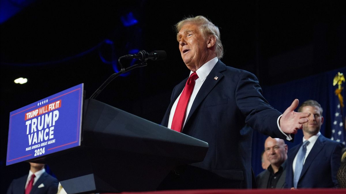 Republican presidential nominee former president Donald Trump speaks at the election night watch party at the Palm Beach Convention Center, Wednesday, Nov. 6, 2024, in West Palm Beach, Florida and declares victory. (Photo: AP) Republican presidential nominee former president Donald Trump speaks at the election night watch party at the Palm Beach Convention Center, Wednesday, Nov. 6, 2024, in West Palm Beach, Florida and declares victory. (Photo: AP)