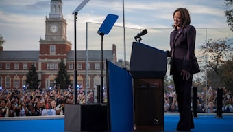 Democratic presidential nominee Vice President Kamala Harris delivers a concession speech for the 2024 Presidential election, November 6, 2024, on the campus of Howard University in Washington. AP