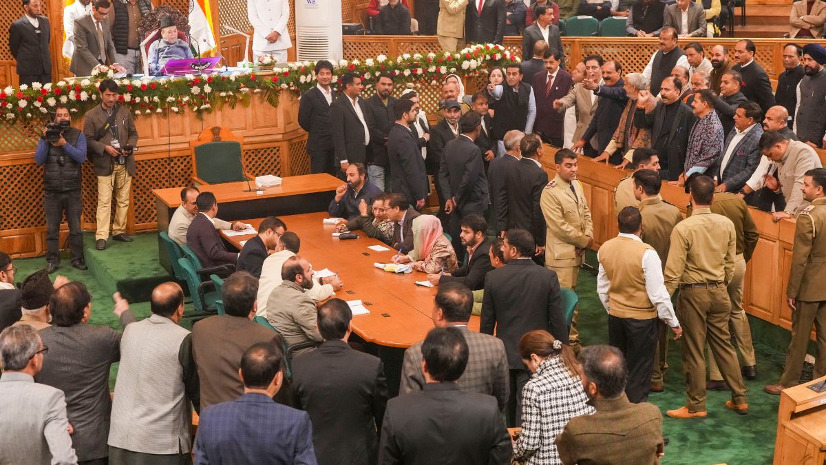 Opposition legislators during their protest over the special status resolution in the Jammu and Kashmir Assembly, in Srinagar, November 7, 2024. PTI Opposition legislators during their protest over the special status resolution in the Jammu and Kashmir Assembly, in Srinagar, November 7, 2024. PTI