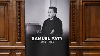 A picture of Samuel Paty on display during an award ceremony in the teacher’s honour at the Sorbonne in Paris on October 19, 2024. Photograph: Bertrand Guay/AFP