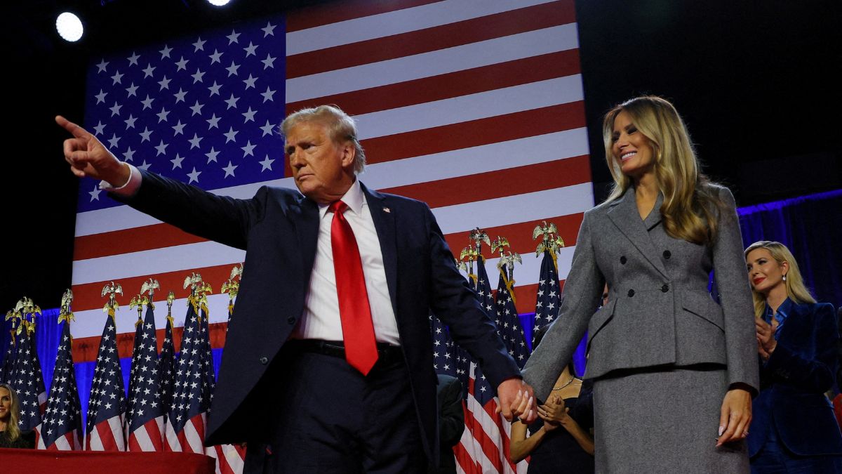 Donald Trump gestures as he holds hands with his wife Melania during a rally, at the Palm Beach County Convention Centre in West Palm Beach, Florida, US, Nov 6, 2024. Reuters
Donald Trump gestures as he holds hands with his wife Melania during a rally, at the Palm Beach County Convention Centre in West Palm Beach, Florida, US, Nov 6, 2024. Reuters