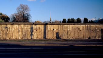 The evening sun lights remains of the Berlin Wall at the official Berlin Wall memorial site at Bernauer Strasse, in Berlin, Germany, Oct. 23, 2024. AP
