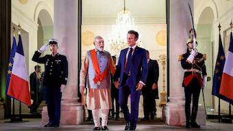 French President Emmanuel Macron and PM Modi. PTI file