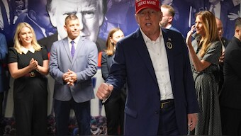 Republican presidential nominee former President Donald Trump visits his campaign headquarters, Tuesday, Nov. 5, 2024, in West Palm Beach, Fla. (AP Photo)