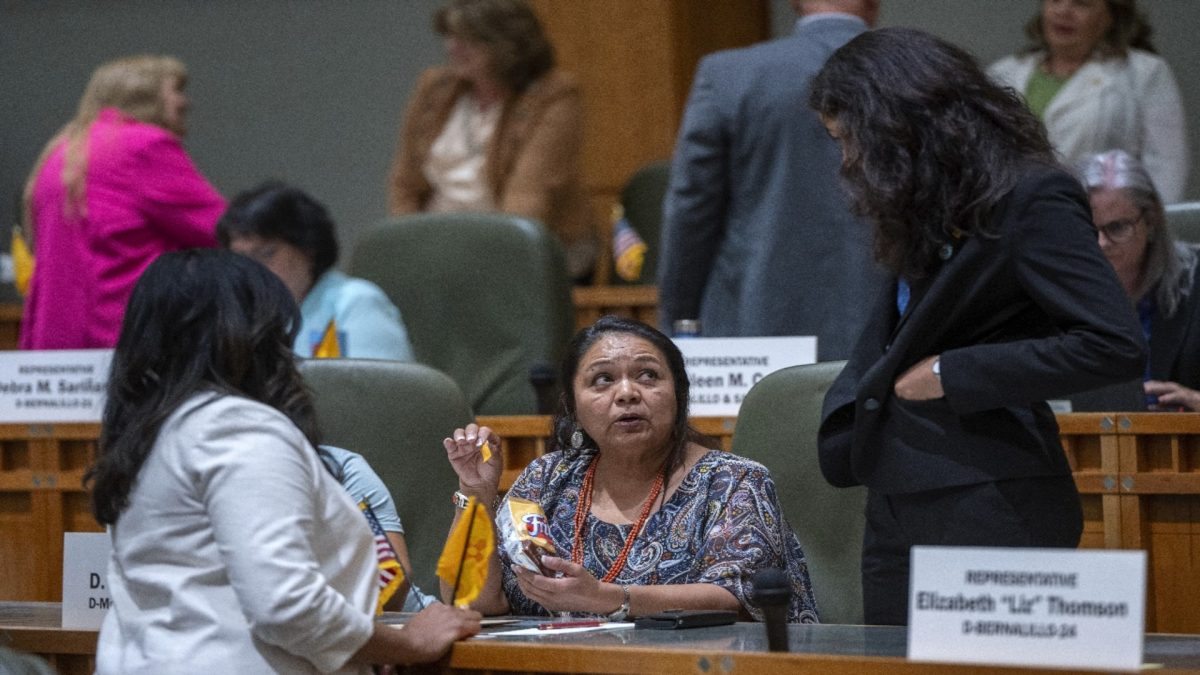 House Maj. Whip Reena Szczepanski, D-Santa Fe, left, Rep. D. Wonda Johnson, D-Church Rock, center, and Rep. Cristina Parajon, D-Albuquerque, talk before the start of a special session, in Santa Fe, N.M., July 18, 2024. House Maj. Whip Reena Szczepanski, D-Santa Fe, left, Rep. D. Wonda Johnson, D-Church Rock, center, and Rep. Cristina Parajon, D-Albuquerque, talk before the start of a special session, in Santa Fe, N.M., July 18, 2024.