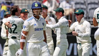 India's Yashasvi Jaiswal departs after getting dismissed for an eight-ball duck as the Australian players celebrate in the background on Day 1 of the first Test in Perth. AP