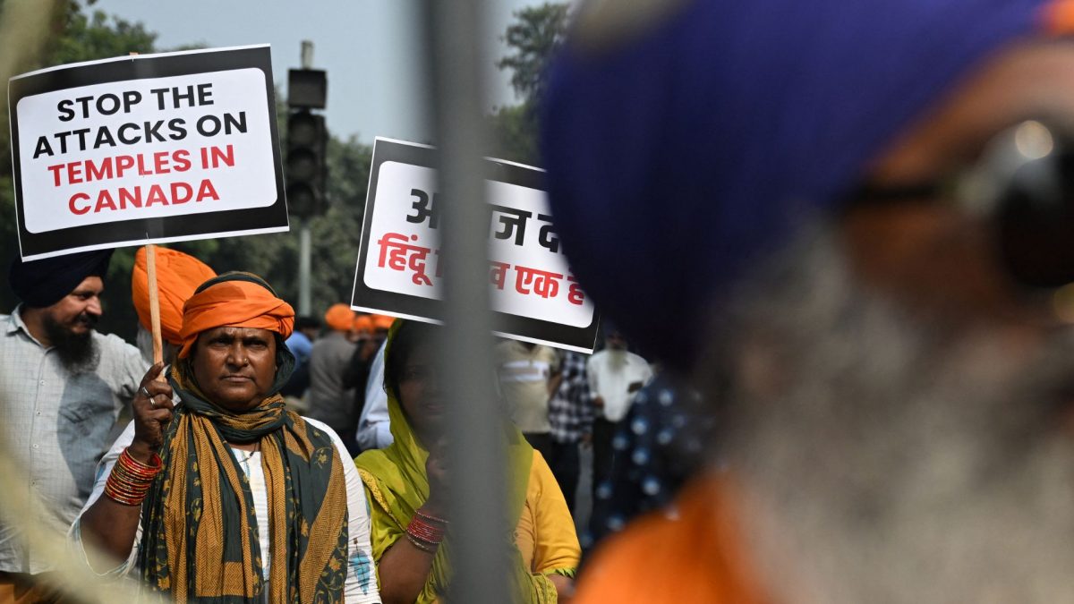 Activists and supporters of the Hindu Sikh Global Forum hold placards as they take part in a protest near the Canadian embassy in New Delhi on November 10, 2024, against the recent attack on a Hindu temple in the city of Brampton, near Toronto in Canada. Source: AFP. Activists and supporters of the Hindu Sikh Global Forum hold placards as they take part in a protest near the Canadian embassy in New Delhi on November 10, 2024, against the recent attack on a Hindu temple in the city of Brampton, near Toronto in Canada. Source: AFP.