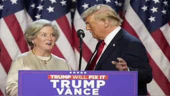  Republican presidential nominee former President Donald Trump brings Susie Wiles to the podium at an election night watch party Wednesday, Nov. 6, 2024, in West Palm Beach, Fla. AP