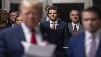  Representative Matt Gaetz, R-Fla., listens as former President Donald Trump talks with the media at Manhattan criminal court in New York, on Thursday, May 16, 2024. File Image: AP