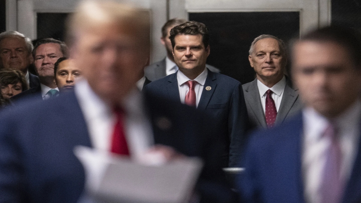 Representative Matt Gaetz, R-Fla., listens as former President Donald Trump talks with the media at Manhattan criminal court in New York, on Thursday, May 16, 2024. File Image: AP Representative Matt Gaetz, R-Fla., listens as former President Donald Trump talks with the media at Manhattan criminal court in New York, on Thursday, May 16, 2024. File Image: AP