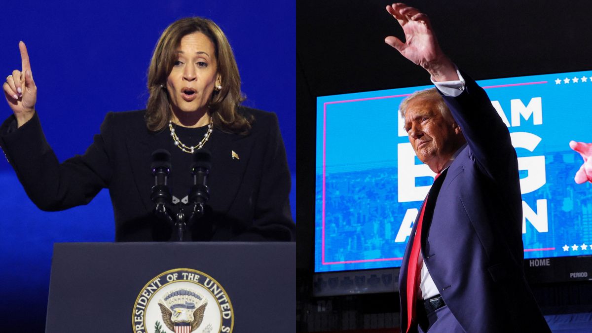 Kamala Harris during a campaign rally in Philadelphia, Pennsylvania. In a separate picture, Donald Trump during a campaign rally at Van Andel Arena in Grand Rapids, Michigan. Reuters
Kamala Harris during a campaign rally in Philadelphia, Pennsylvania. In a separate picture, Donald Trump during a campaign rally at Van Andel Arena in Grand Rapids, Michigan. Reuters