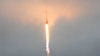 A SpaceX Falcon 9 rocket with Isro's GSAT-20 satellite disappears in the clouds after launching from launch complex 40 at the Cape Canaveral Space Force Station in Cape Canaveral, Florida. AP
