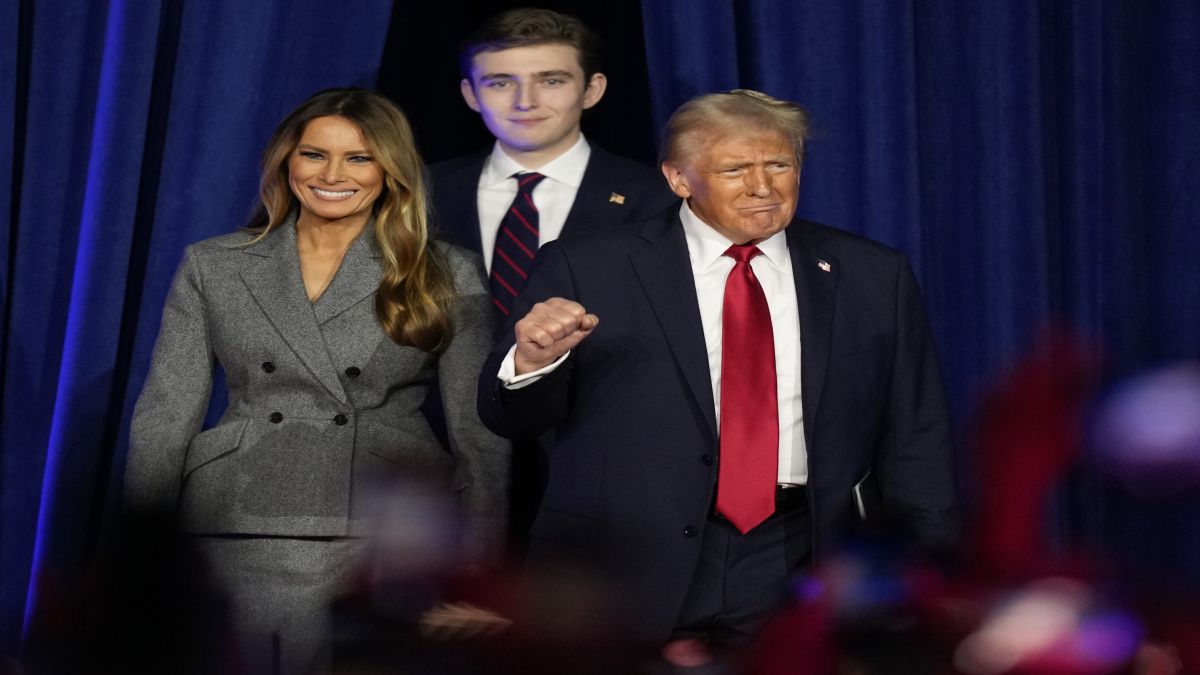 Republican presidential nominee former President Donald Trump, joined by wife Melania Trump and son Barron Trump, as he arrives to speaks at an election night watch party. AP Republican presidential nominee former President Donald Trump, joined by wife Melania Trump and son Barron Trump, as he arrives to speaks at an election night watch party. AP