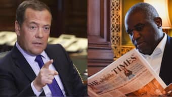 Former President of Russia Dmitry Medvedev  and UK Foreign Secretary David Lammy clash over Times article. AP / X - @DavidLammy