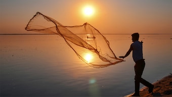 (File) A man casts fishing net on the River Brahmaputra during sunset, in Tezpur, Assam. PTI