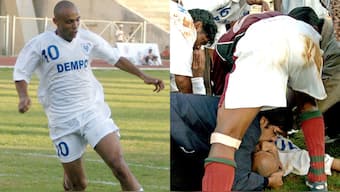 Brazilian striker Cristiano Junior collapsed and died on the field during the 2004 Federation Cup final in Bengaluru. Images: AFP/Reuters

