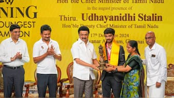 D Gukesh, the 18th chess world champion, is felicitated by Tamil Nadu Chief Minister MK Stalin in the presence of his parents as well as Deputy CM Udhayanidhi Stalin and Indian chess legend Viswanathan Anand. PTI