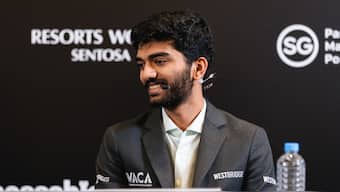 India's D Gukesh responds to questions during the press conference after his victory over Ding Liren in Game 11 of the FIDE World Chess Championship. Image credit: Eng Chin An/FIDE
