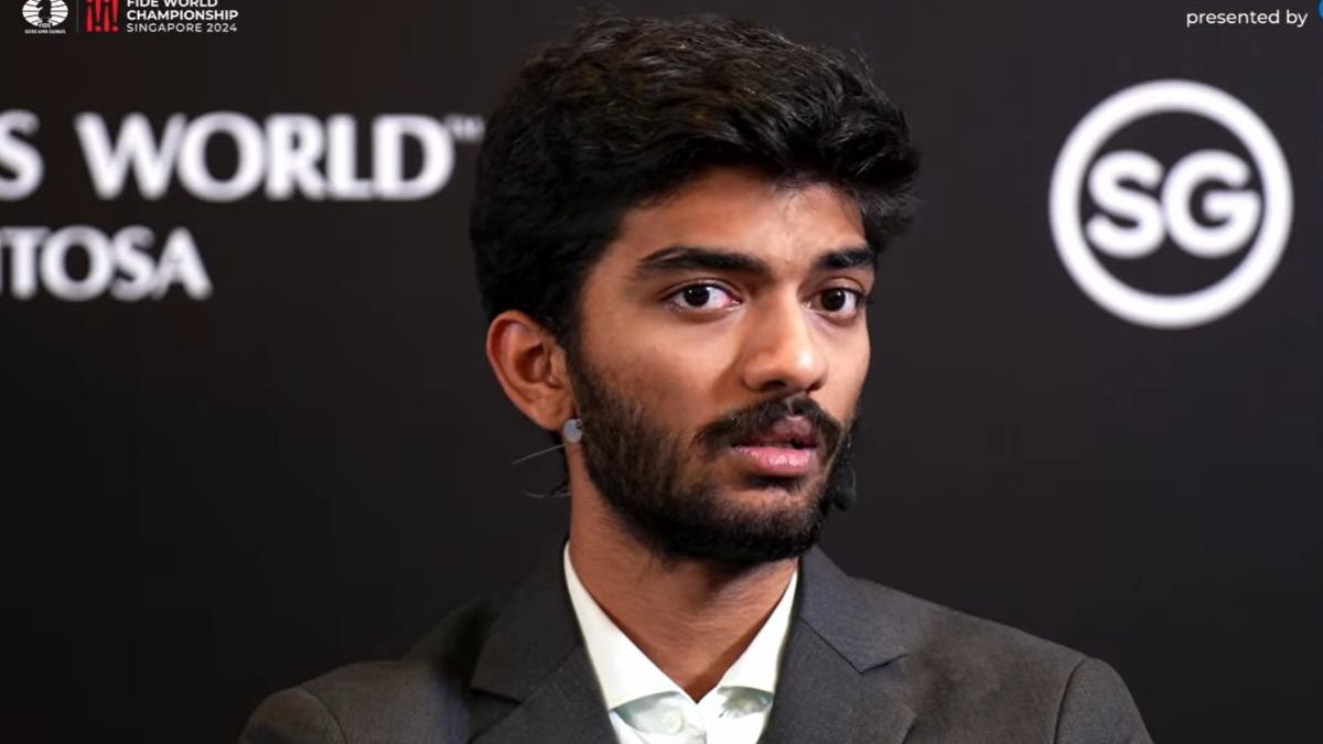 D Gukesh put up a brave face despite failing to win Game 13 in World Chess Championship 2024. Image: FIDE on X D Gukesh put up a brave face despite failing to win Game 13 in World Chess Championship 2024. Image: FIDE on X