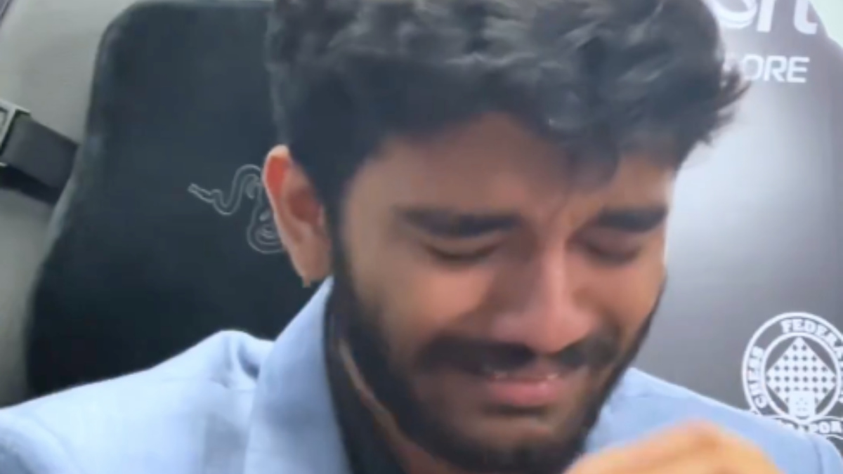 Indian Grandmaster D Gukesh becomes emotional after defeating Ding Liren and becoming the youngest world champion in chess history. Image credit: Screengrab of video posted by @FIDE_chess on X Indian Grandmaster D Gukesh becomes emotional after defeating Ding Liren and becoming the youngest world champion in chess history. Image credit: Screengrab of video posted by @FIDE_chess on X