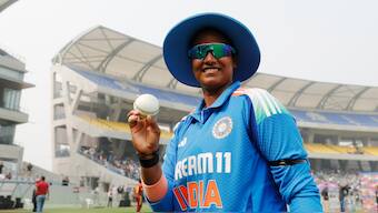 Deepti Sharma displays the ball after finishing the pick of the bowlers with figures of 6/31 during the third ODI against West Indies in Vadodara. Image credit: X/@BCCIWomen