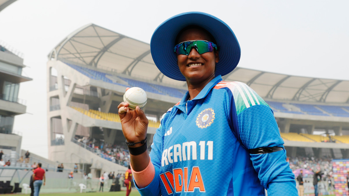 Deepti Sharma displays the ball after finishing the pick of the bowlers with figures of 6/31 during the third ODI against West Indies in Vadodara. Image credit: X/@BCCIWomen Deepti Sharma displays the ball after finishing the pick of the bowlers with figures of 6/31 during the third ODI against West Indies in Vadodara. Image credit: X/@BCCIWomen