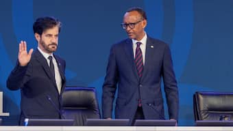 FIA president Mohammed Ben Sulayem and Rwandan president Paul Kagame at the FIA General Assembly in Kigali, where the latter launched his country's bid for an F1 race. Reuters