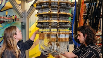 The cryostat that holds Google's new Willow  chip and keeps it very cold. Quantum computing needs immense cooling and electric resources. Image Credit: Google