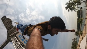A screengrab from D Gukesh's video of him completing bungee jumping.  