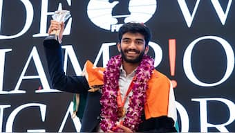 18-year-old D Gukesh with the World Chess Championship trophy. Image: FIDE   