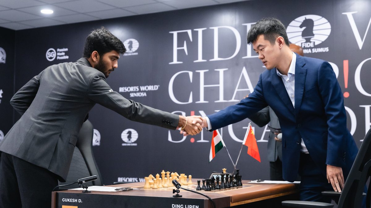 D Gukesh and Ding Liren shake hands after Game 7 in World Chess Championship 2024 ends in a draw. Image: FIDE on X
D Gukesh and Ding Liren shake hands after Game 7 in World Chess Championship 2024 ends in a draw. Image: FIDE on X